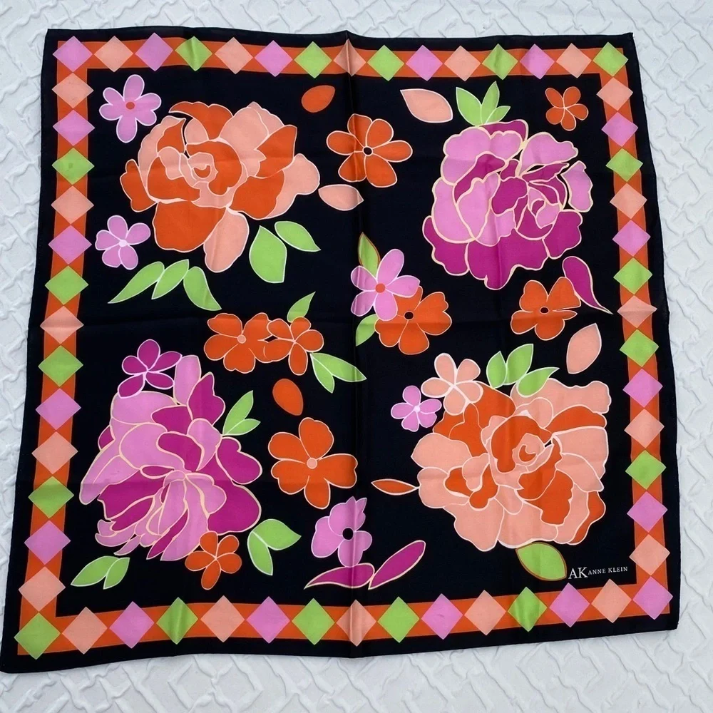 Anne Klein Silk Scarf Orange Green Black Pink Neon